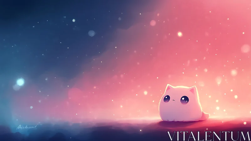 Minimal cat-like character on gradient night backdrop.