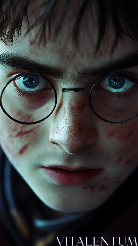 Determined young wizard gazes ahead with bright, steady eyes.