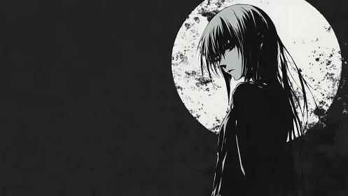 Solitary anime figure stands before distressed white circle