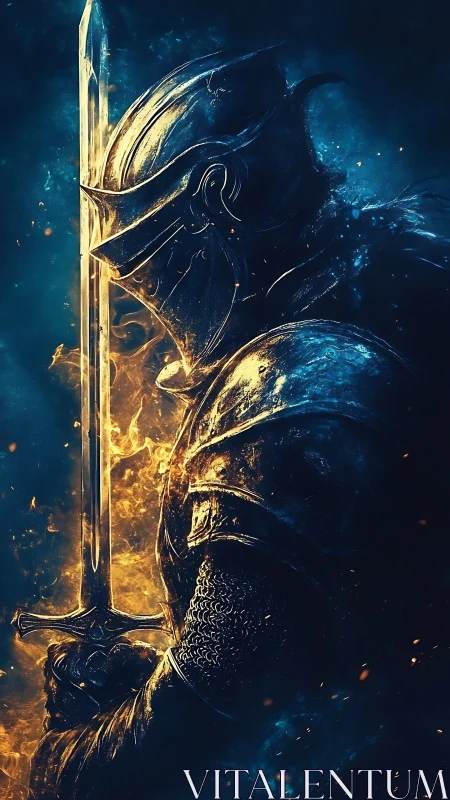Armored knight in profile grips luminous sword amid blue-gold fire
