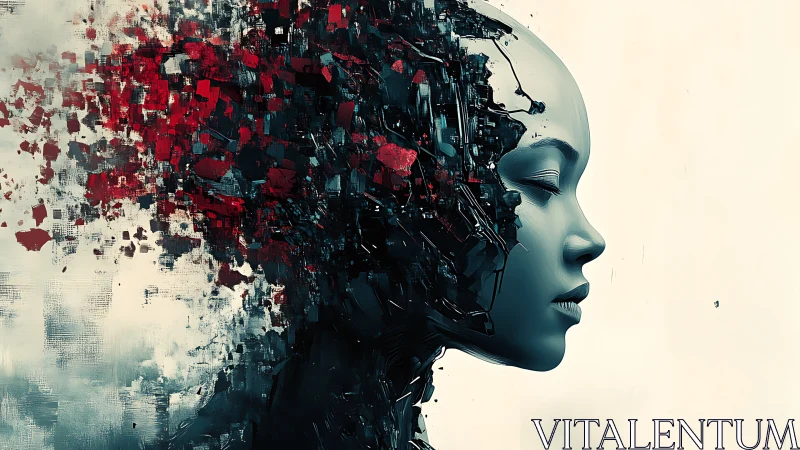 Quiet cyborg muse dissolving into crimson data storm.