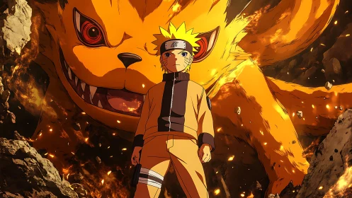 Determined ninja stands before blazing fox spirit avatar