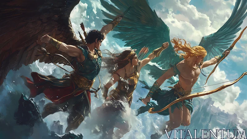 Winged warriors carve thunderous paths through painted skies