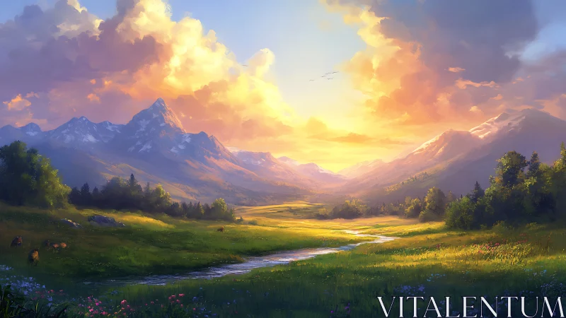 Golden sunrise pours over tranquil valley and distant peaks