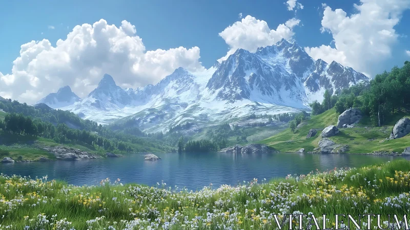 Snowcapped mountain lake under bright spring daylight.