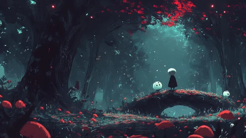 Moonlit forest bridge with lone figure and spirits.