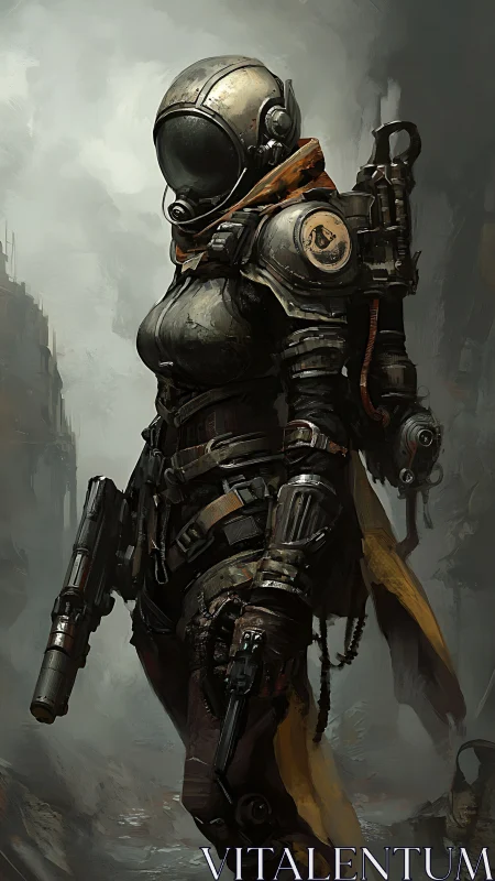 Armored wasteland scout walks through foggy ruins alone.