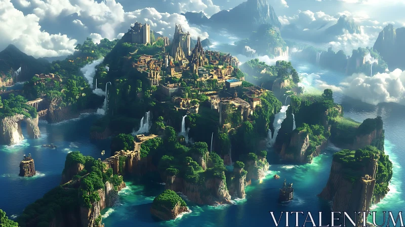 Fantastical Sky City Nestled Among Verdant Cliff Islands with Cascading Waterfalls