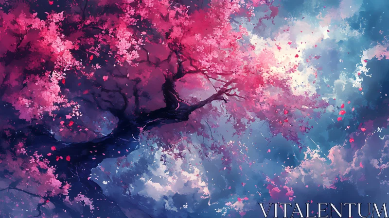 Blossom-laden dreamtree drifts weightless through painted sky