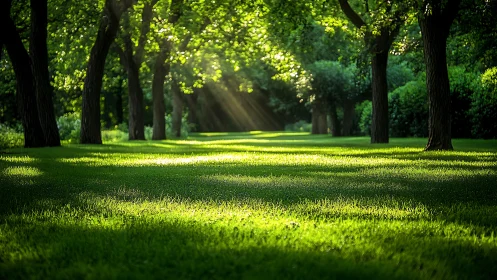 Sunlit tree-lined lawn shows diagonal rays crossing green grass