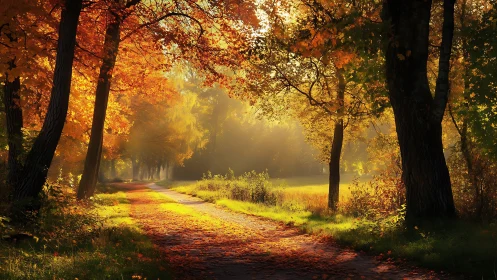 Golden autumn path where quiet light tucks into trees.
