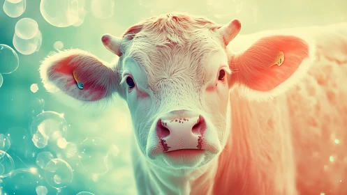 Gentle calf in glowing pastel light and dreamy bubbles.