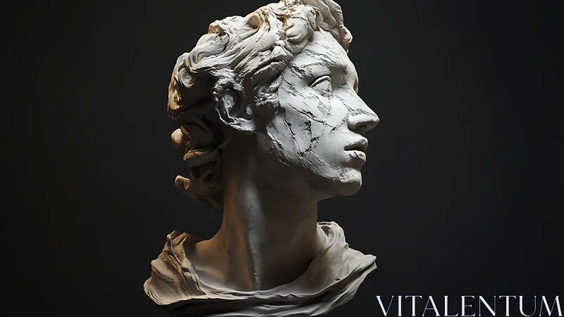 Cracked classical bust sculpture in three-quarter profile.