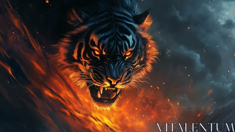 Tiger head emerging through orange fire and dark smoke.