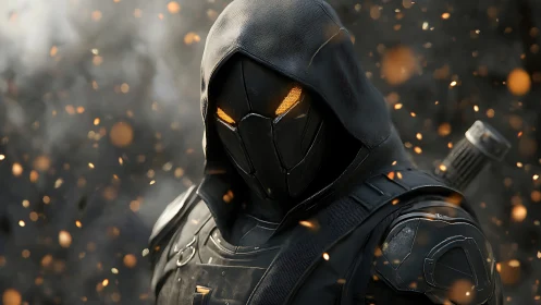 Armored hooded warrior with glowing eyes amid embers.