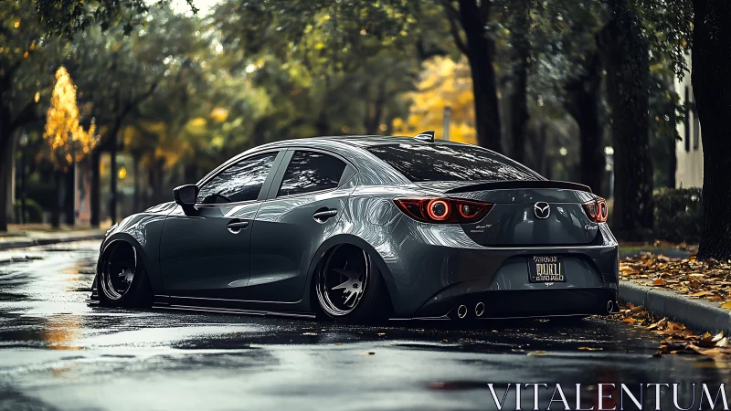 Lowered gray Mazda sedan gleams on a rainy autumn street.