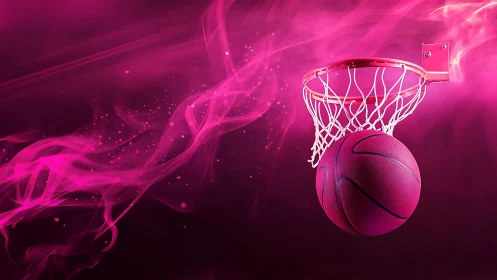 Magenta basketball suspended in neon vapor around hoop