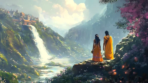 Mythic couple overlooking waterfall valley and temple citadel