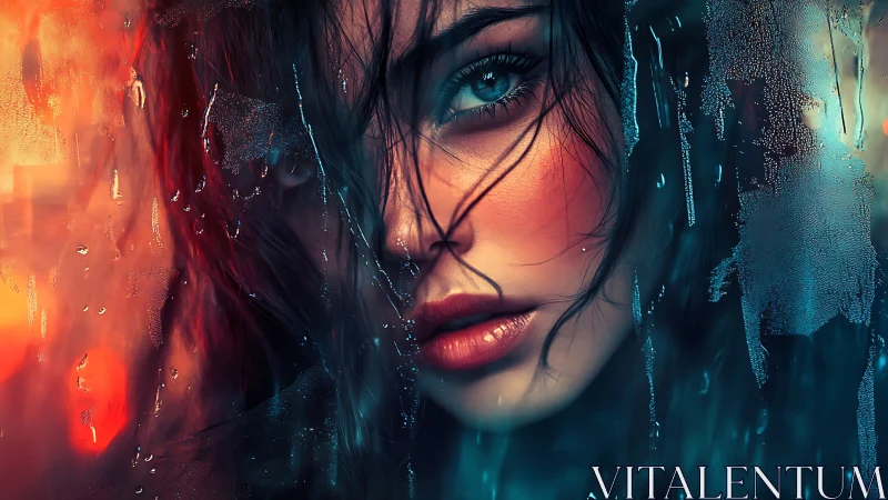 Rain streaks whisper across a neon drenched, soulful gaze