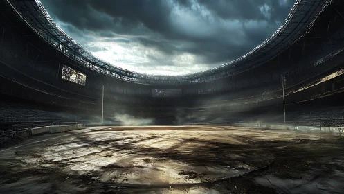 Deserted stormlit stadium bowl under heavy dramatic sky.