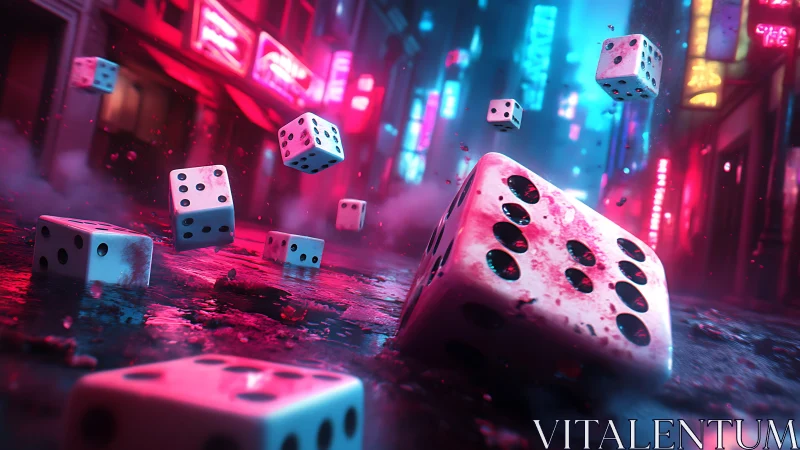 Neon-soaked street dice cascade under cinematic cyberpunk glow