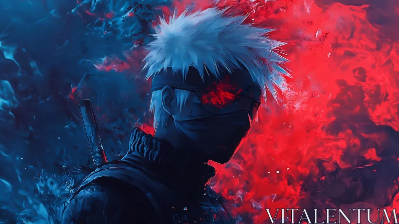 Masked anime warrior stands between searing red and blue flames