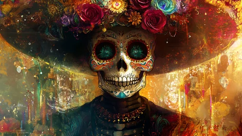 Luminous calavera portrait under ornate floral sombrero.