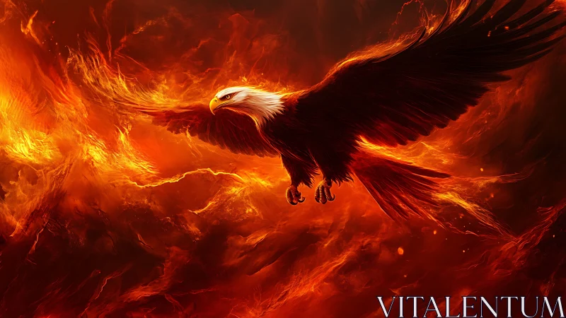 Majestic Bald Eagle Soaring Through Fiery Skies in Digital Art.