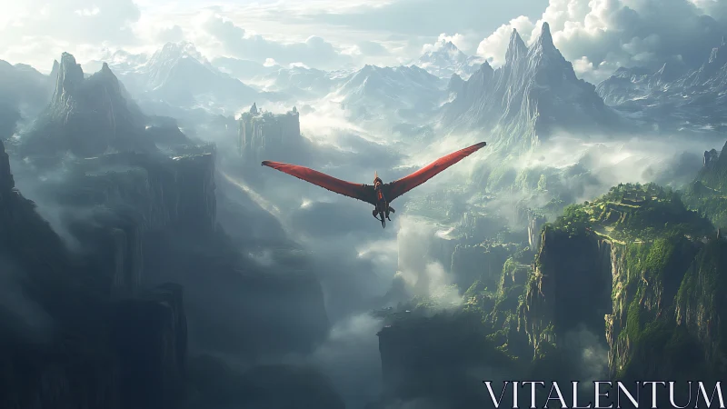 Red dragon rider soaring above misty fantasy cliffs.