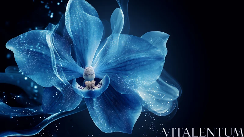 Digital painting of luminous blue orchid on abyssal void background.