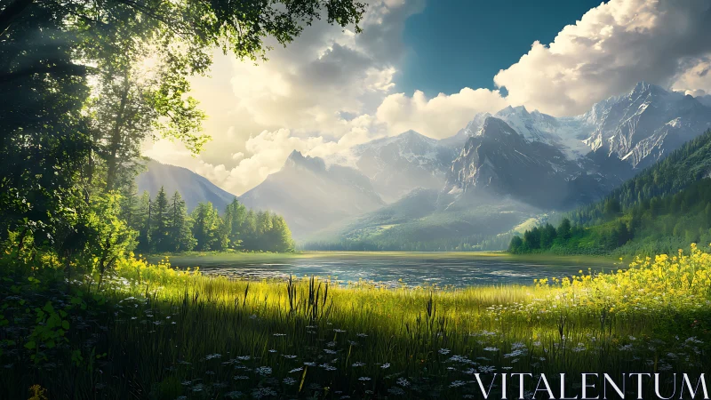 Sunlit mountain lake dreaming beneath wildflower fringes.