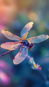 Macro view records dragonfly resting against blurred bokeh