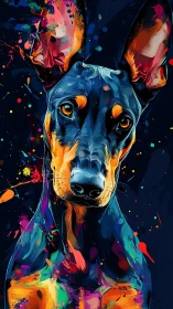 Color-splashed Doberman portrait on dark abstract field.