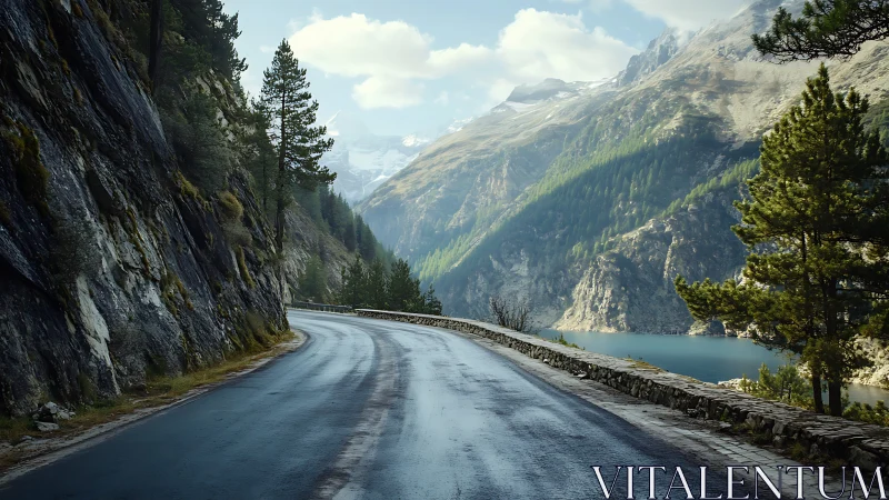 Lonely mountain road curves above a tranquil alpine lake