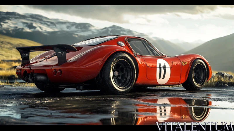 Scarlet race car reflects on wet pavement at mountain pass.