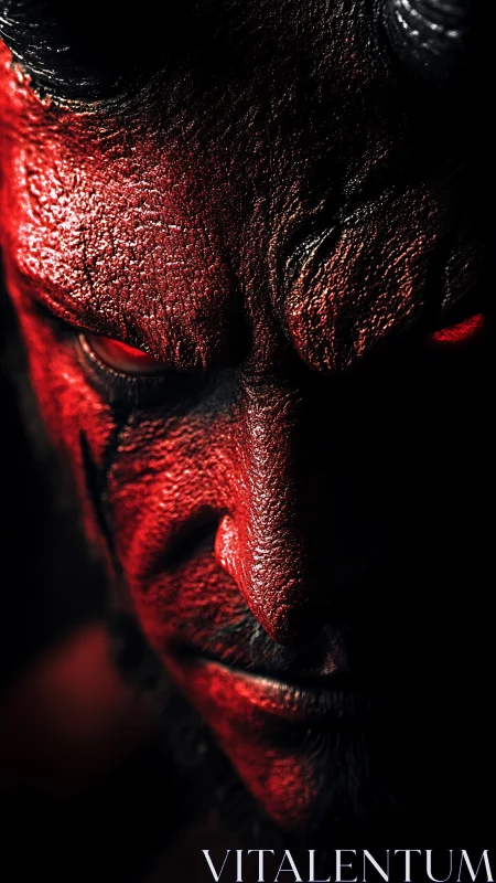 Intense close-up of red horned demon face in shadow.
