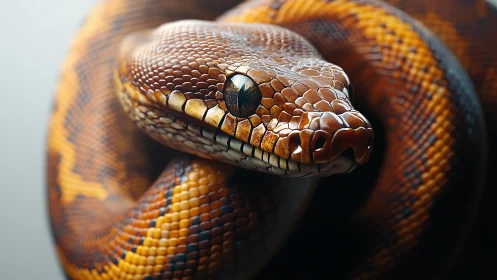 Close view shows coiled snake with detailed reflective scales