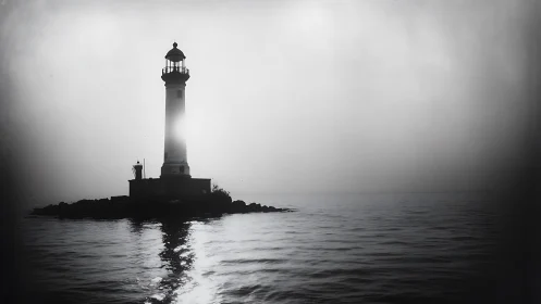 Quiet lighthouse glow guiding calm waves into the mist.