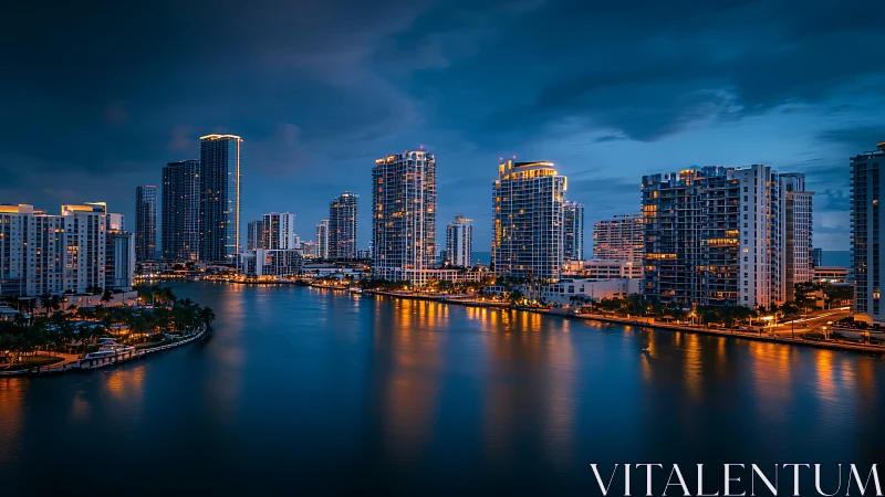 Urban waterfront skyline glows against deep blue nautical dusk