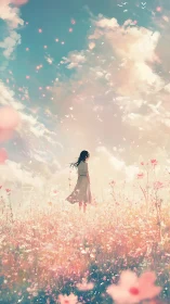 Girl in dreamy flower field stands beneath luminous sky.