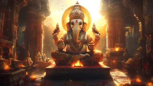 Golden Ganesha idol in ornate temple hall, glowing light.