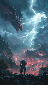 Warrior faces storm-lit dragon above burning valley.