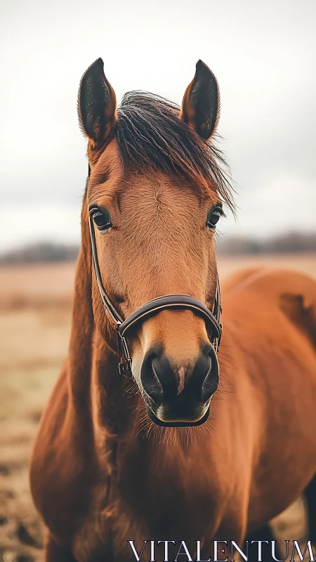 Chestnut horse portrait under soft overcast daylight with shallow DOF
