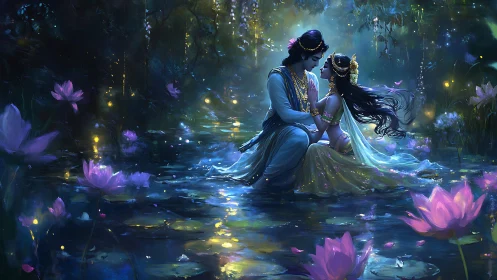 Ethereal encounter in luminescent waters amid blooming nocturnal flora.