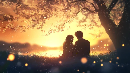 Silhouetted couple beneath glowing tree at golden sunset.