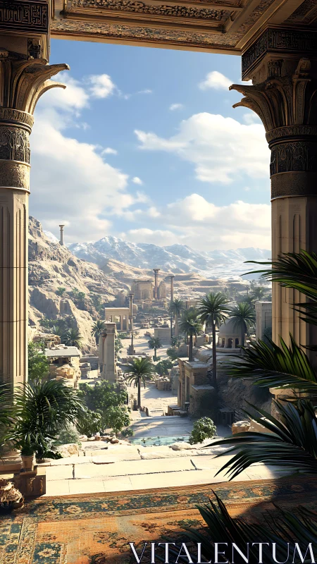 Sunlit desert valley city framed by ornate colonnaded terrace