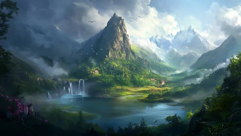 Sunlit mountain valley with misty waterfalls and quiet lake.