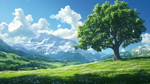 Solitary summer oak converses softly with the distant peaks