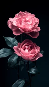 Two Pink Peonies Against Black Background with Foliage