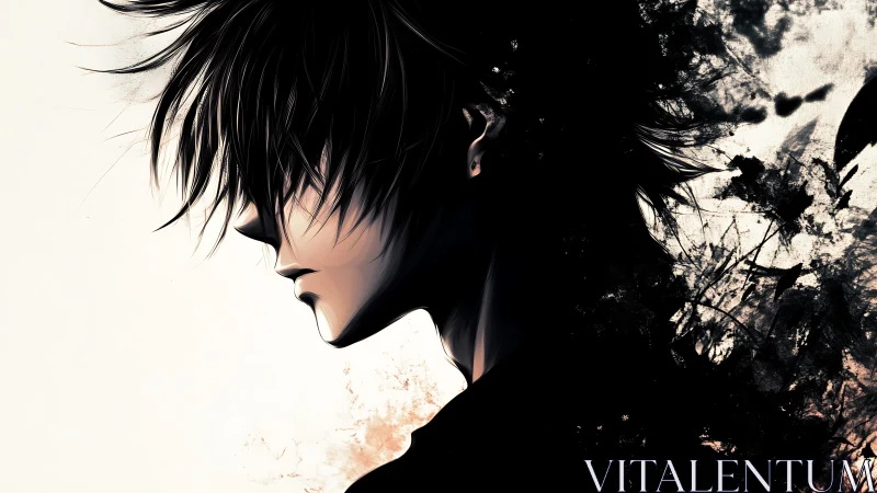 Solitary anime profile merging into dark abstract void.